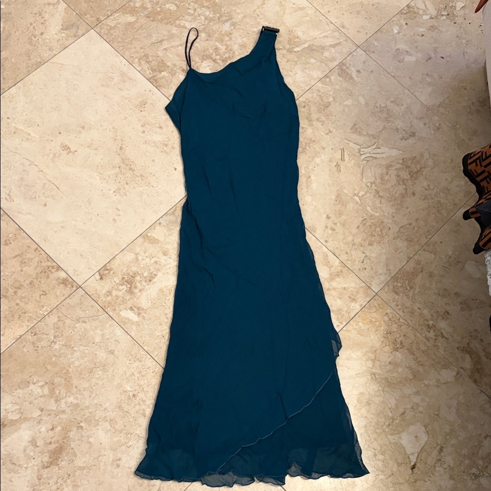 Poleci 100% Silk Teal One-Shoulder Dress with Leather Strap